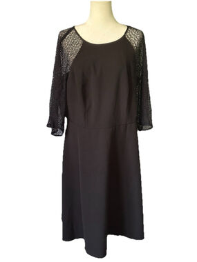 Maggy London Woman 14W Black Dress Lace Sleeve Plus Size A-Line Cocktail Midi